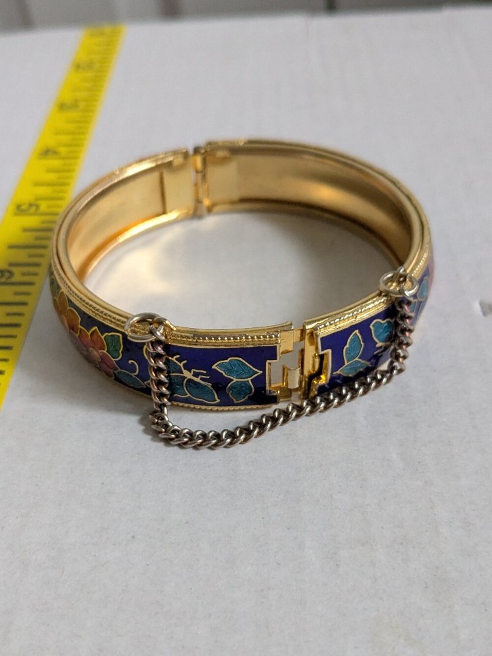 Vintage Cloisonne Gold Tone Hinged Bangle Bracelet